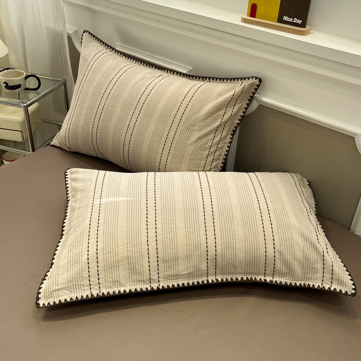 91家纺网 家纺一手货源 找家纺 莱茵家居 2026新款A类全棉纯棉色织大提花贝壳边四件套-序语松间系列 序语-咖