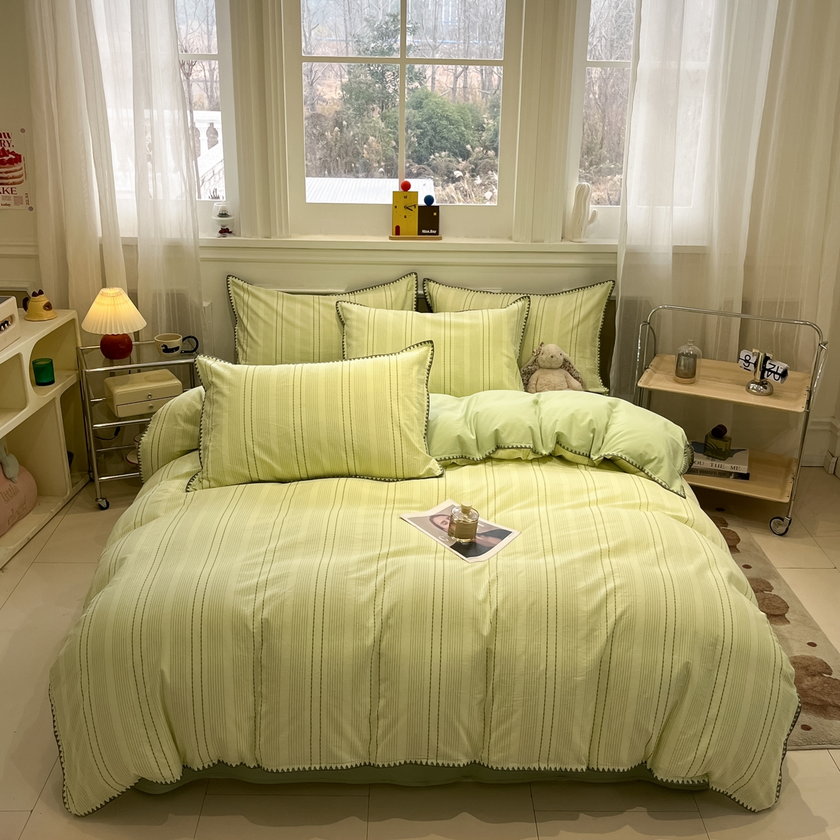 91家纺网 家纺一手货源 找家纺 莱茵家居 2026新款A类全棉纯棉色织大提花贝壳边四件套-序语松间系列 序语-绿