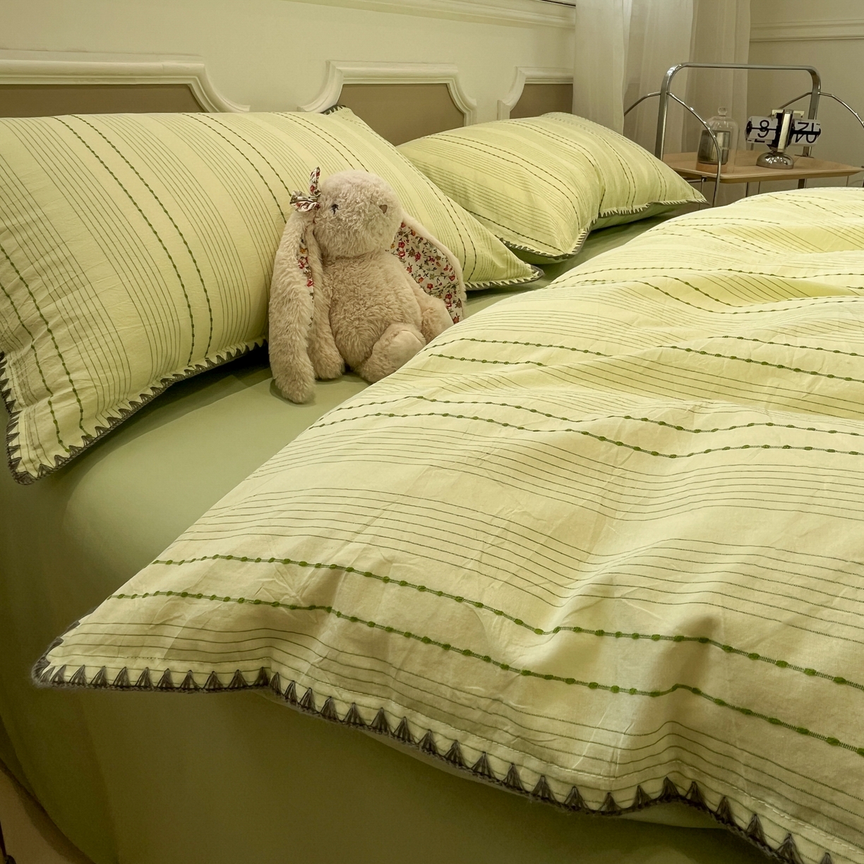 91家纺网 家纺一手货源 找家纺 莱茵家居 2026新款A类全棉纯棉色织大提花贝壳边四件套-序语松间系列 序语-绿