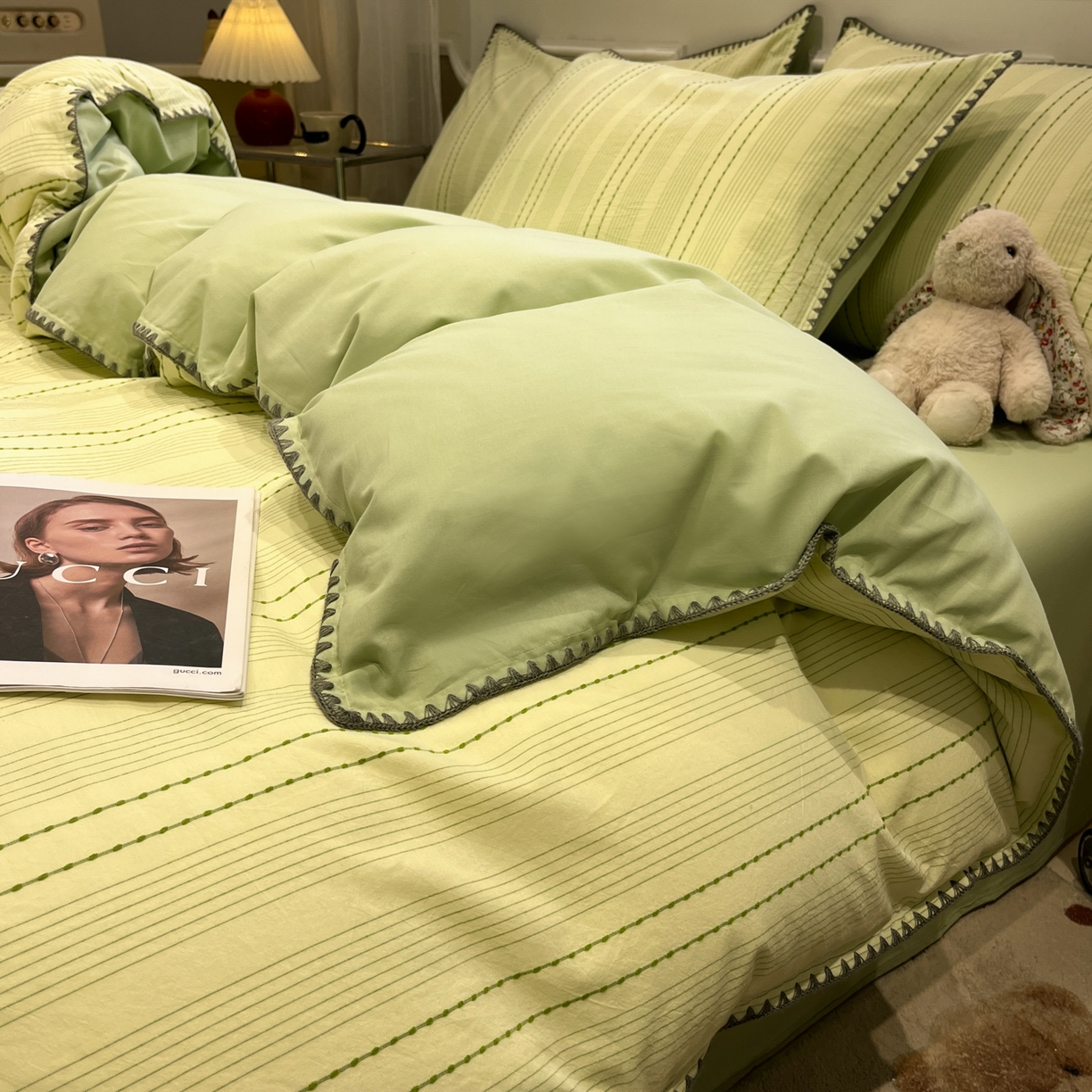 91家纺网 家纺一手货源 找家纺 莱茵家居 2026新款A类全棉纯棉色织大提花贝壳边四件套-序语松间系列 序语-绿