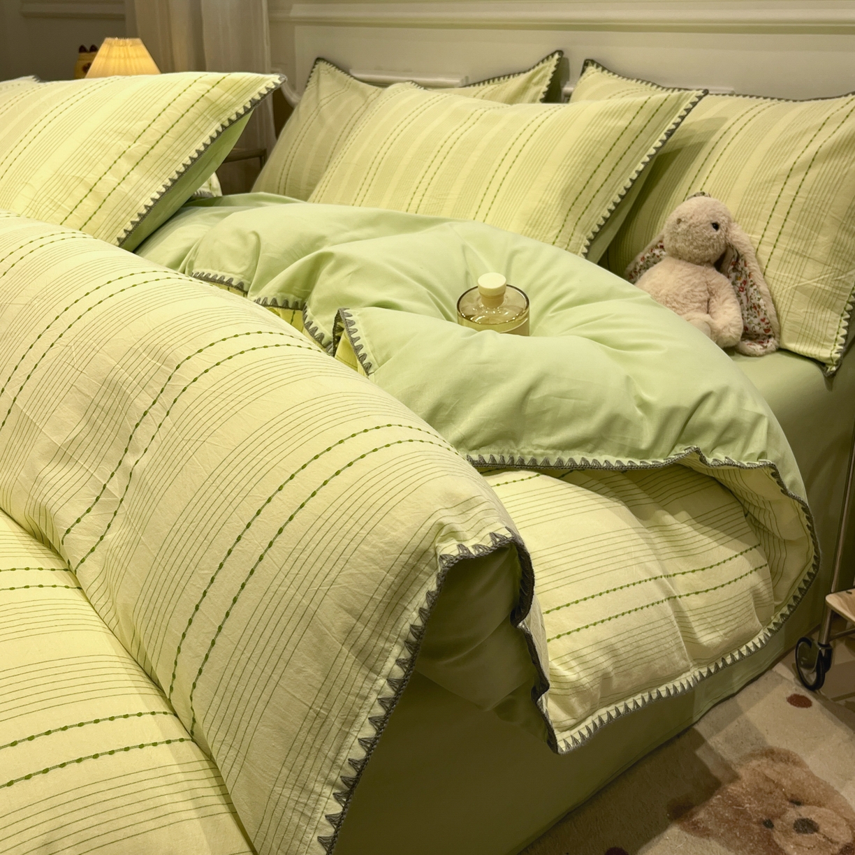 莱茵家居 2026新款A类全棉纯棉色织大提花贝壳边四件套-序语松间系列 序语-绿