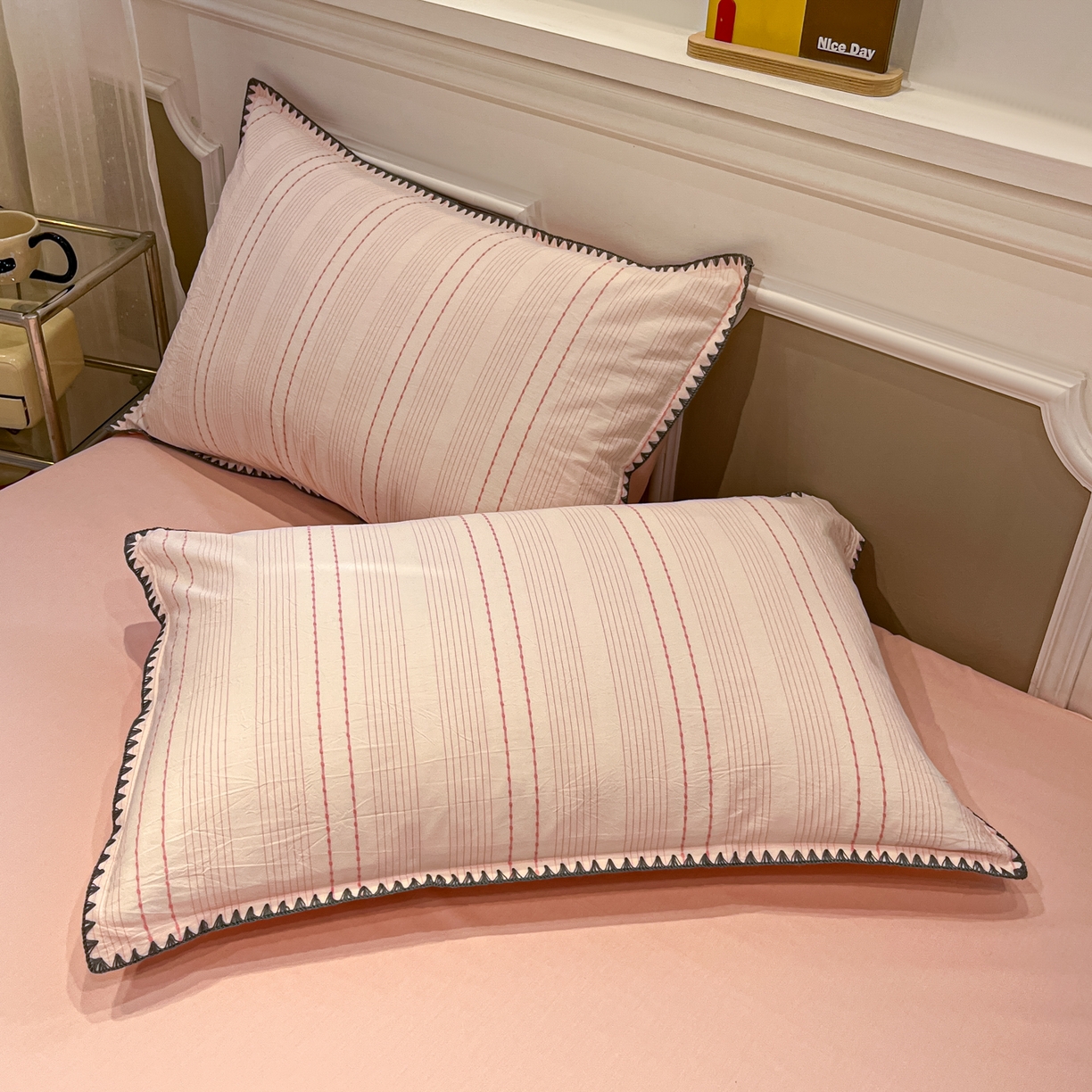 91家纺网 家纺一手货源 找家纺 莱茵家居 2026新款A类全棉纯棉色织大提花贝壳边四件套-序语松间系列 序语-粉