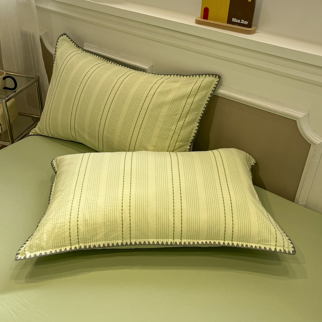 91家纺网 家纺一手货源 找家纺 莱茵家居 2026新款A类全棉纯棉色织大提花贝壳边四件套-序语松间系列 序语-绿