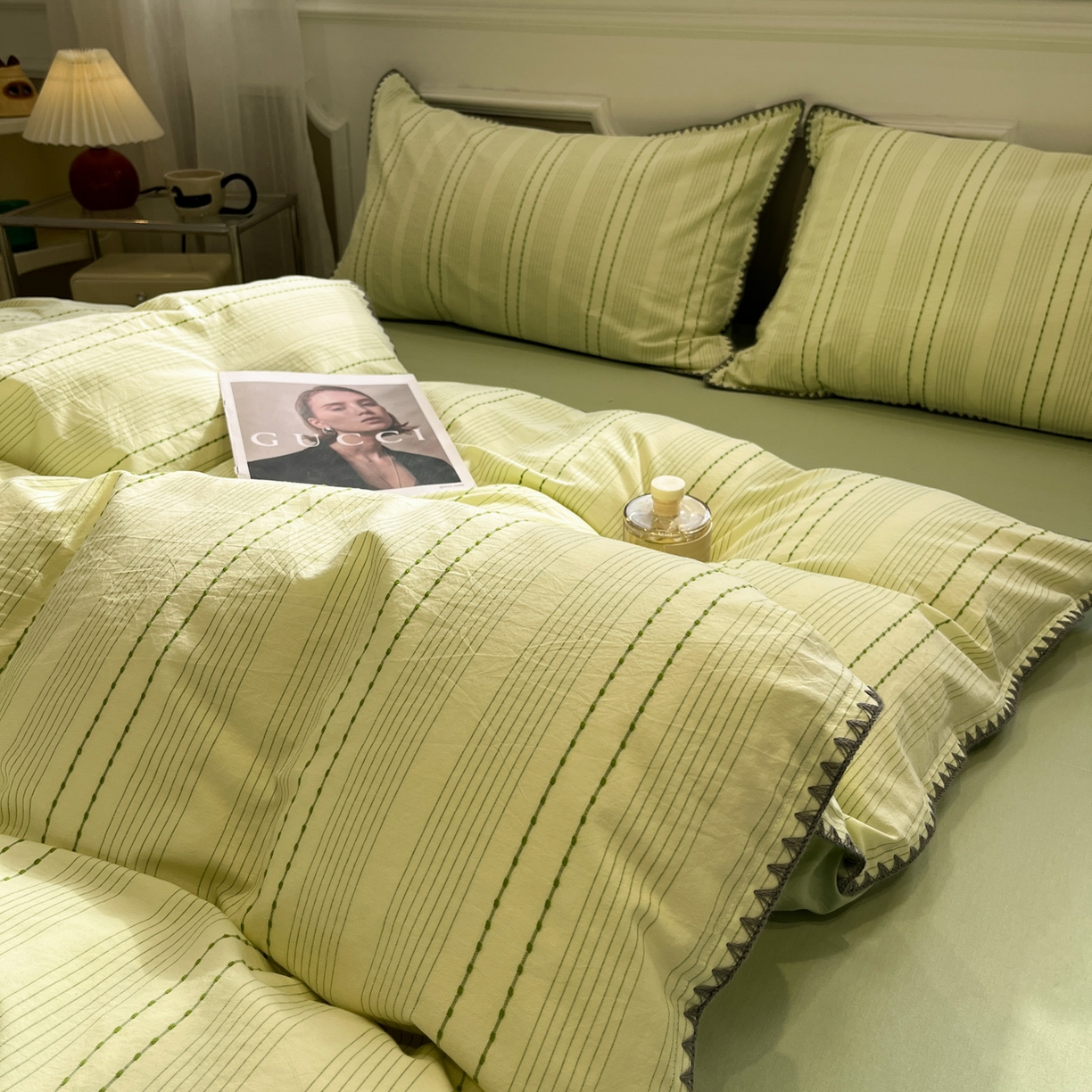 91家纺网 家纺一手货源 找家纺 莱茵家居 2026新款A类全棉纯棉色织大提花贝壳边四件套-序语松间系列 序语-绿