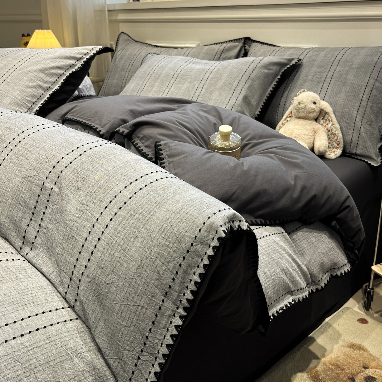 莱茵家居 2026新款A类全棉纯棉色织大提花贝壳边四件套-序语松间系列 序语-灰