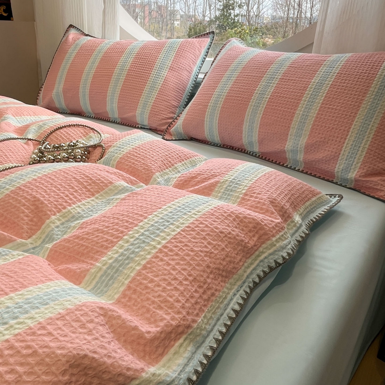 91家纺网 家纺一手货源 找家纺 （总）莱茵家居 2026新款A类全棉华夫格印花贝壳边套件-华夫系列