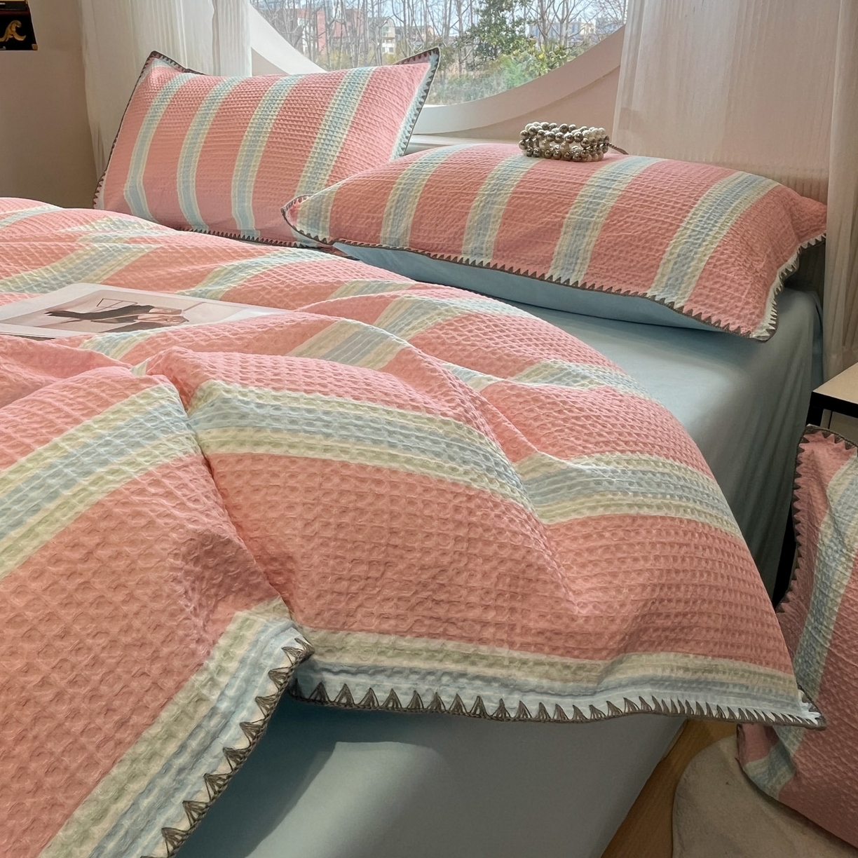 91家纺网 家纺一手货源 找家纺 （总）莱茵家居 2026新款A类全棉华夫格印花贝壳边套件-华夫系列