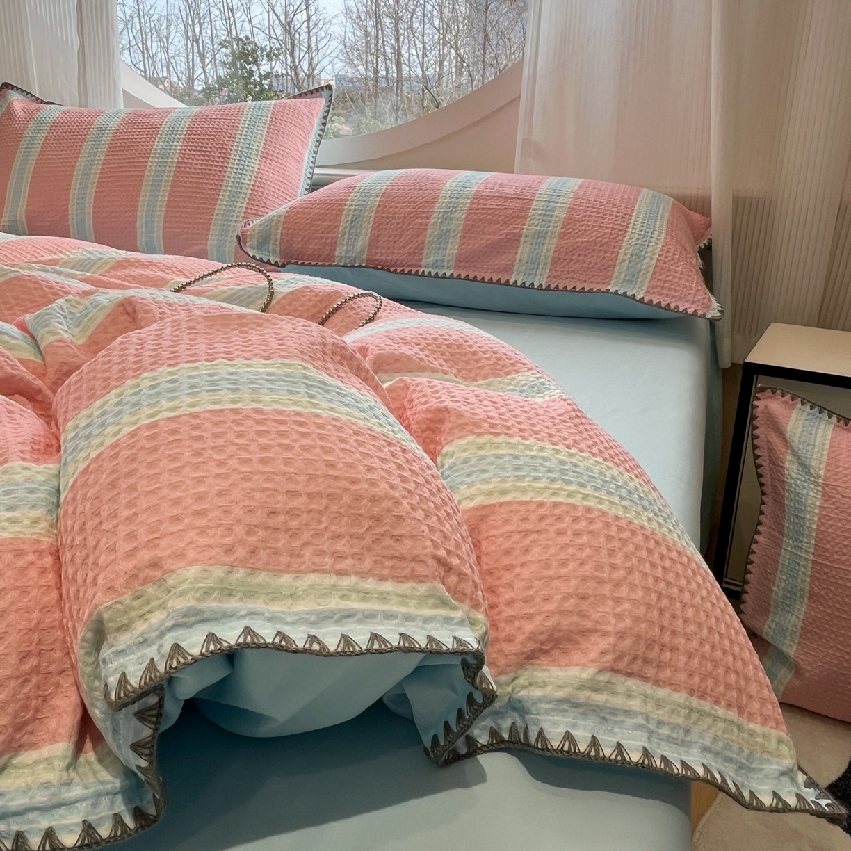 91家纺网 家纺一手货源 找家纺 （总）莱茵家居 2026新款A类全棉华夫格印花贝壳边套件-华夫系列