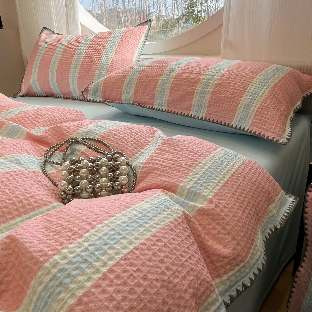 91家纺网 家纺一手货源 找家纺 （总）莱茵家居 2026新款A类全棉华夫格印花贝壳边套件-华夫系列