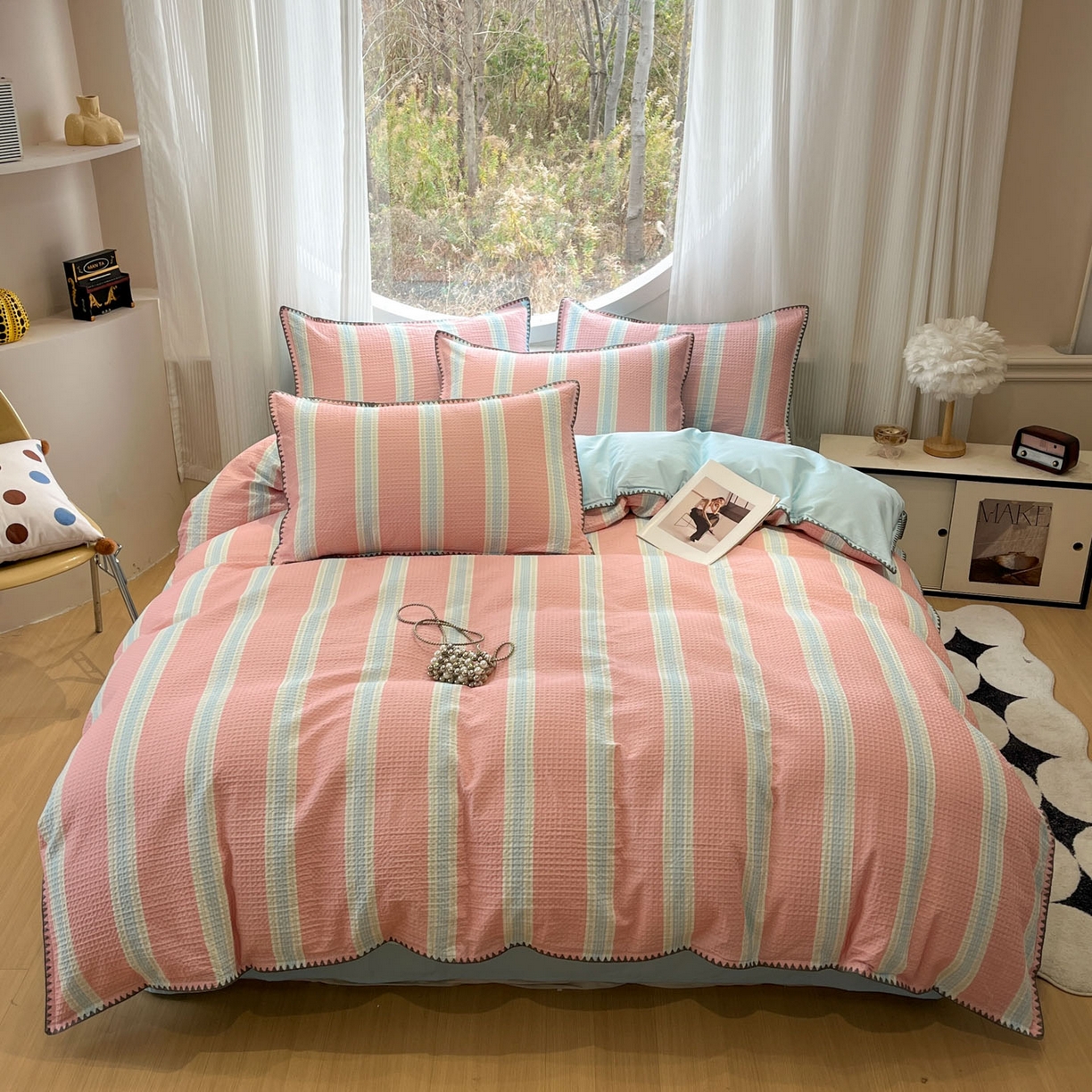 91家纺网 家纺一手货源 找家纺 （总）莱茵家居 2026新款A类全棉华夫格印花贝壳边套件-华夫系列