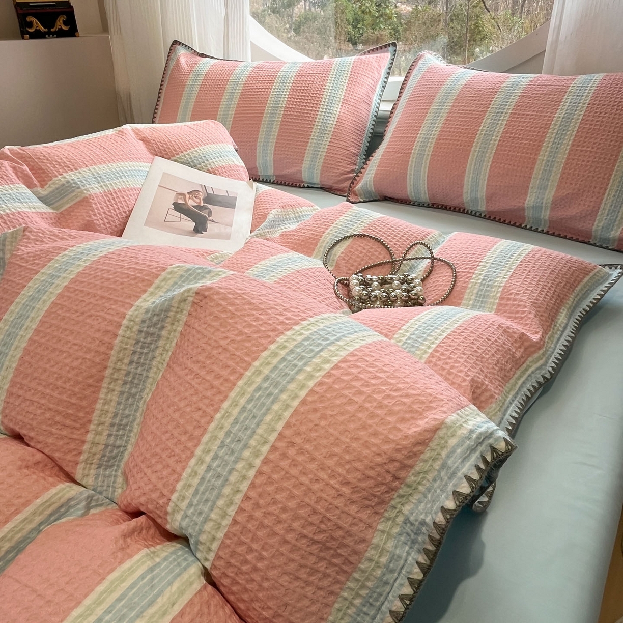 91家纺网 家纺一手货源 找家纺 （总）莱茵家居 2026新款A类全棉华夫格印花贝壳边套件-华夫系列