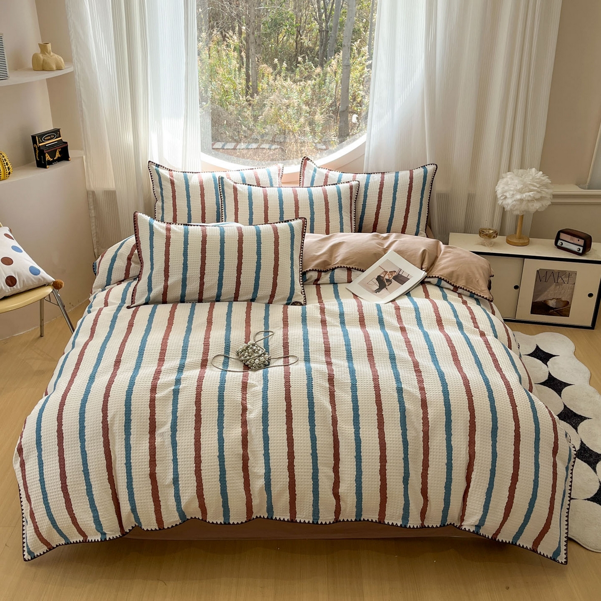 91家纺网 家纺一手货源 找家纺 莱茵家居 2026新款A类全棉华夫格印花贝壳边套件-华夫系列 华夫-白巧