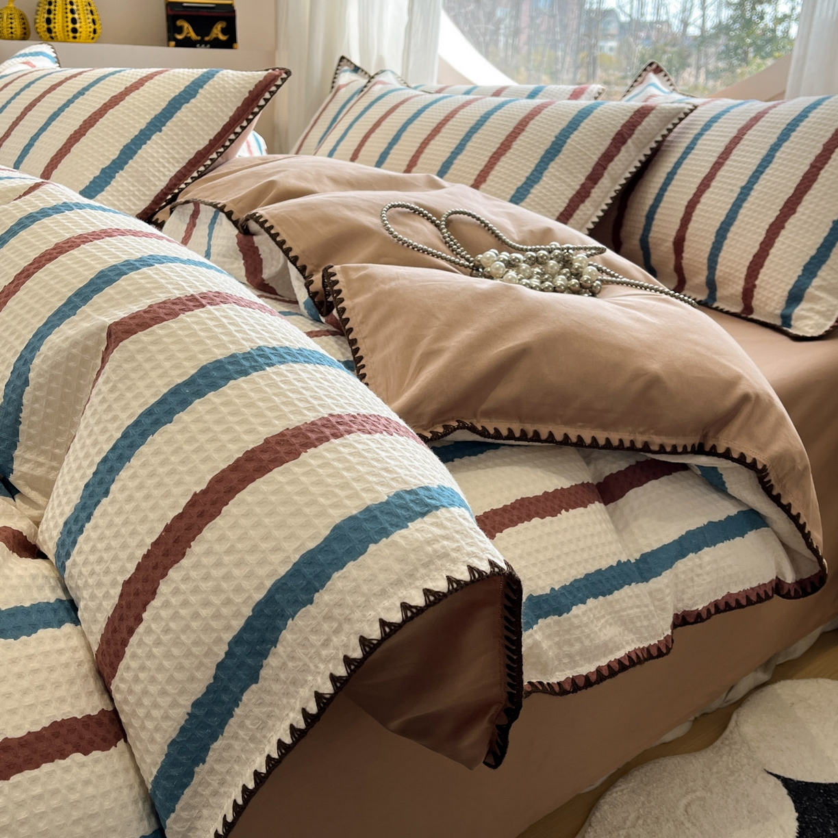 莱茵家居 2026新款A类全棉华夫格印花贝壳边套件-华夫系列 华夫-白巧