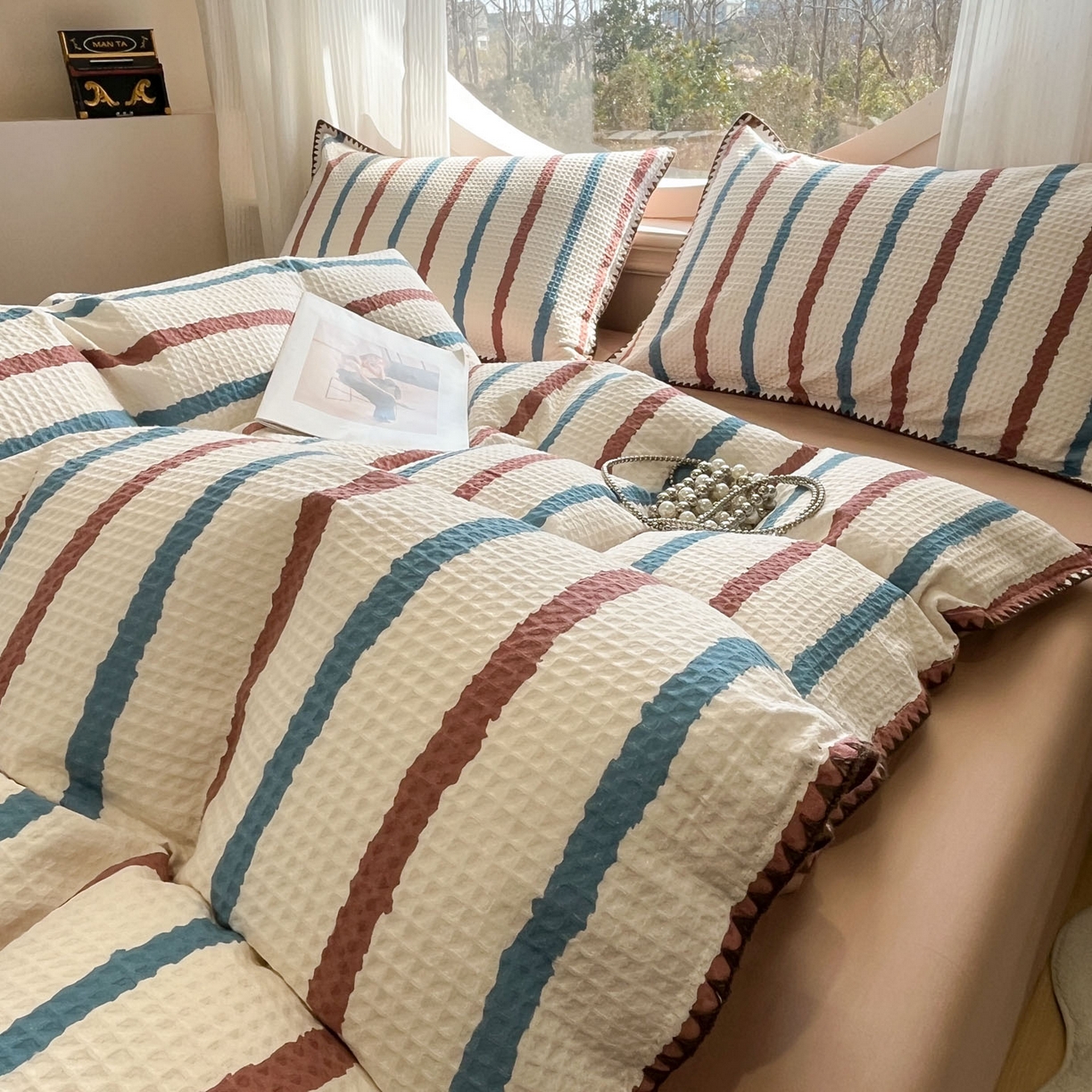 91家纺网 家纺一手货源 找家纺 莱茵家居 2026新款A类全棉华夫格印花贝壳边套件-华夫系列 华夫-白巧