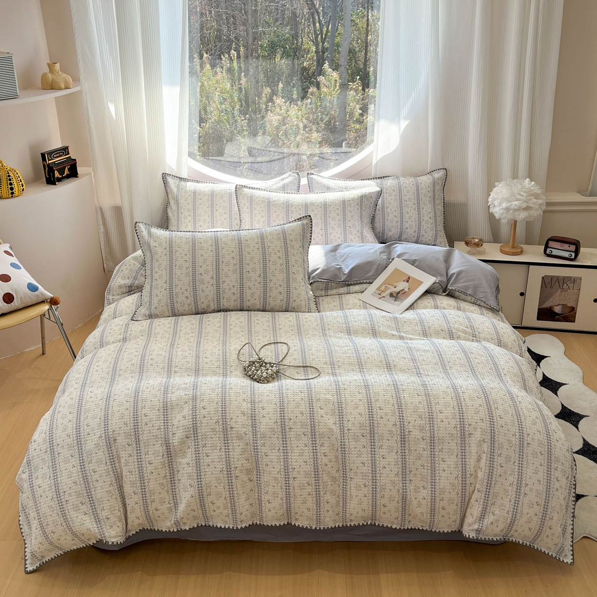 91家纺网 家纺一手货源 找家纺 莱茵家居 2026新款A类全棉华夫格印花贝壳边套件-华夫系列 华夫-丁香