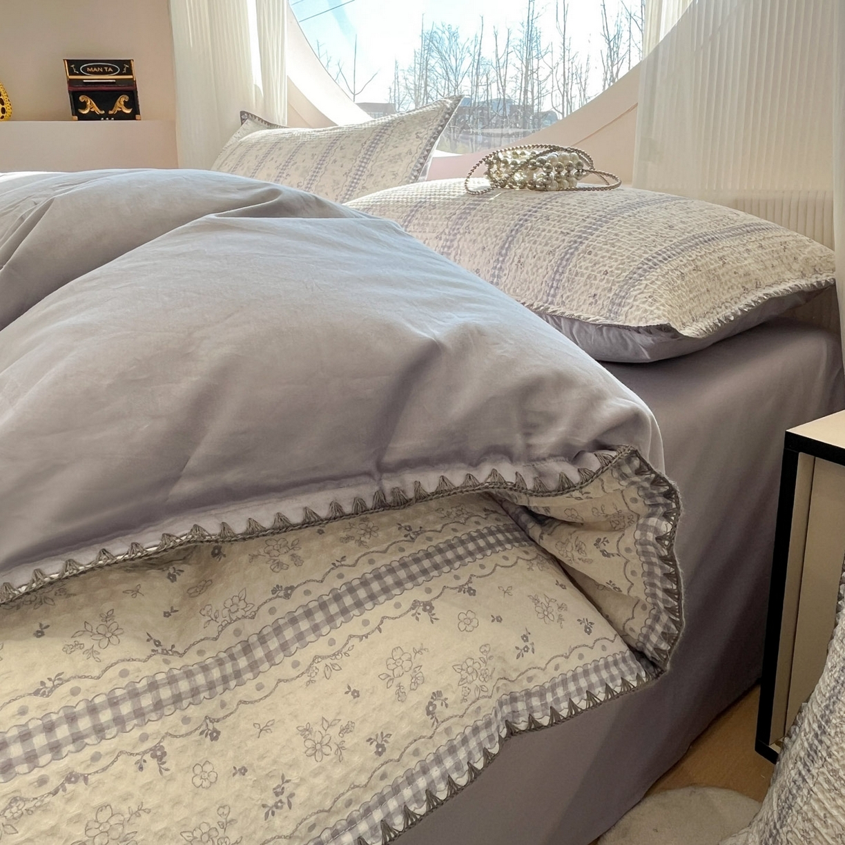 91家纺网 家纺一手货源 找家纺 莱茵家居 2026新款A类全棉华夫格印花贝壳边套件-华夫系列 华夫-丁香