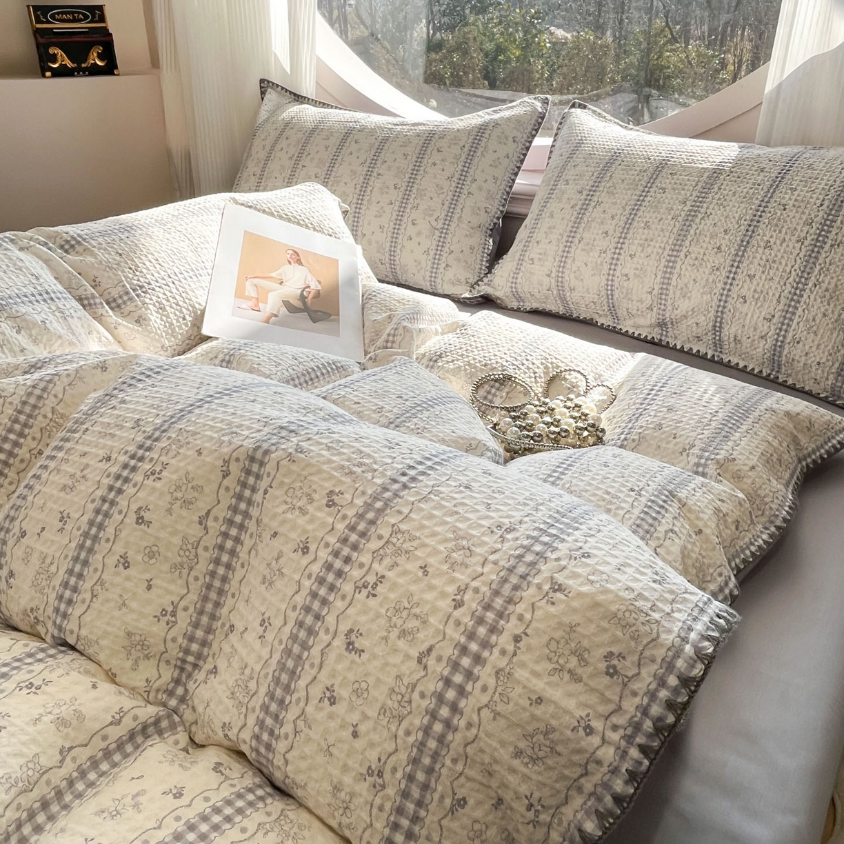 91家纺网 家纺一手货源 找家纺 莱茵家居 2026新款A类全棉华夫格印花贝壳边套件-华夫系列 华夫-丁香