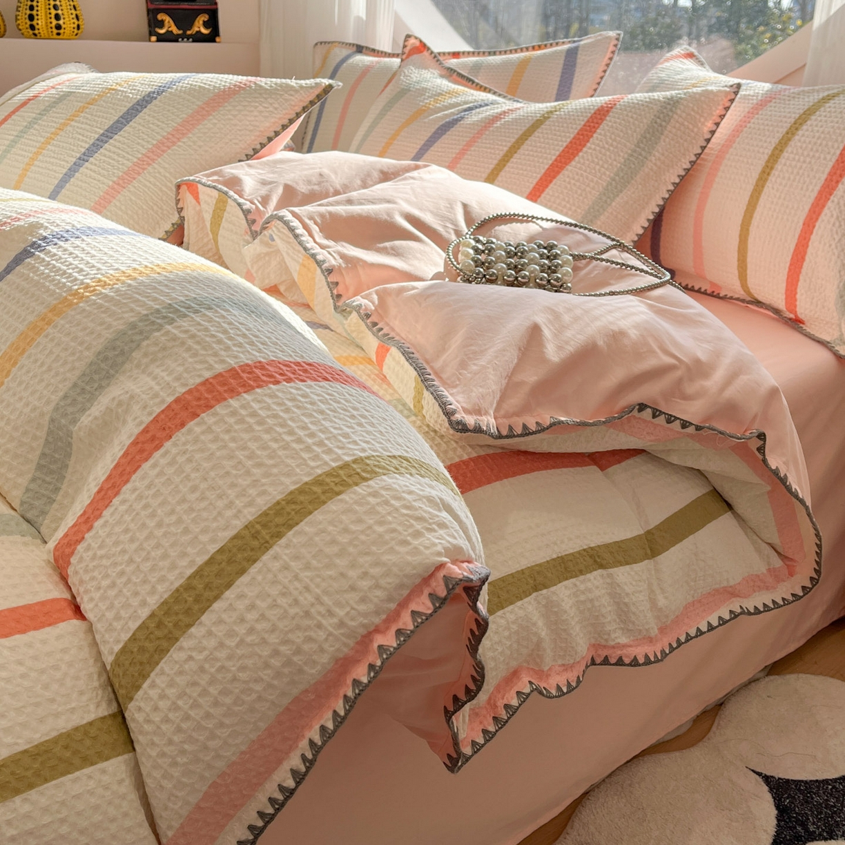 莱茵家居 2026新款A类全棉华夫格印花贝壳边套件-华夫系列 华夫-枫糖粉