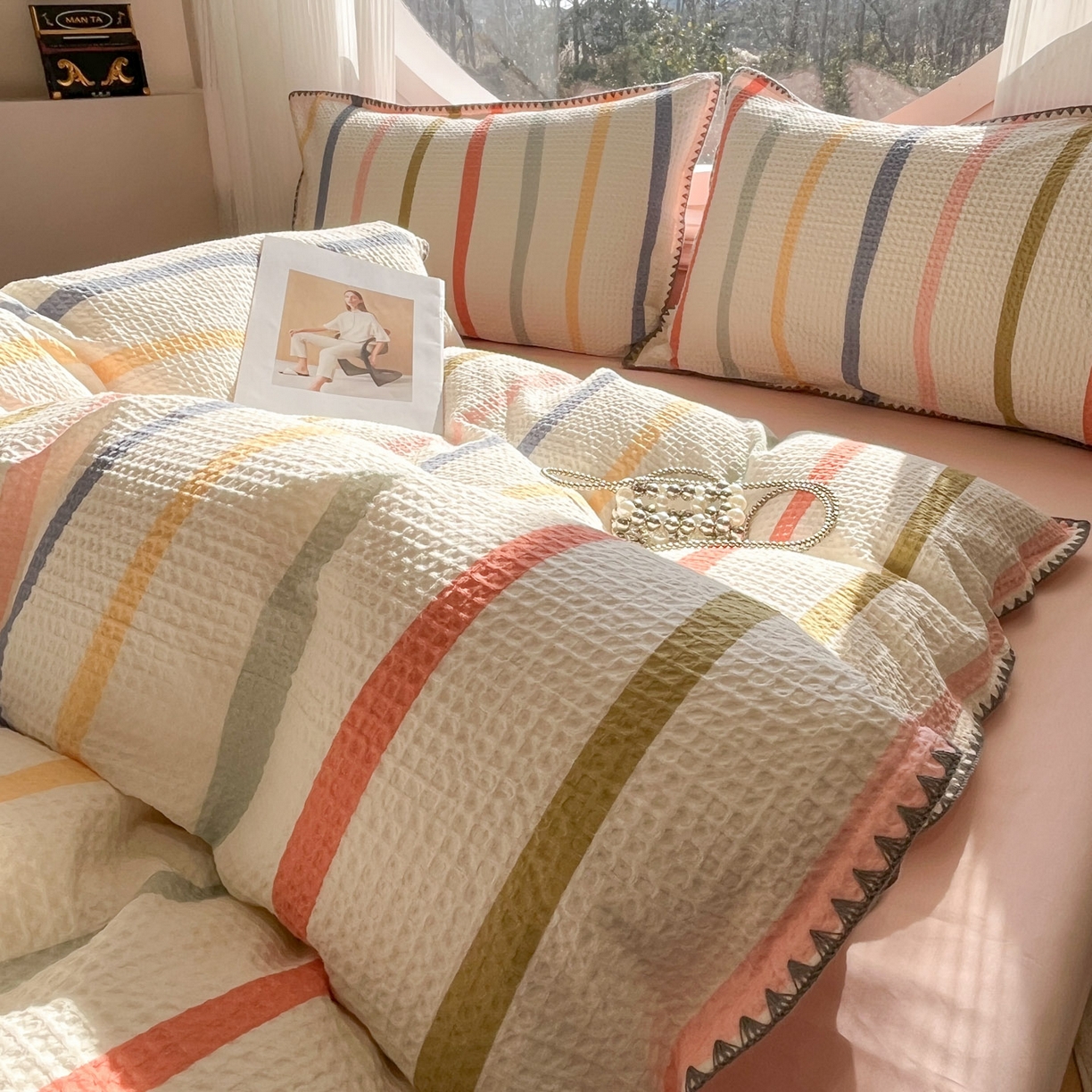 91家纺网 家纺一手货源 找家纺 莱茵家居 2026新款A类全棉华夫格印花贝壳边套件-华夫系列 华夫-枫糖粉