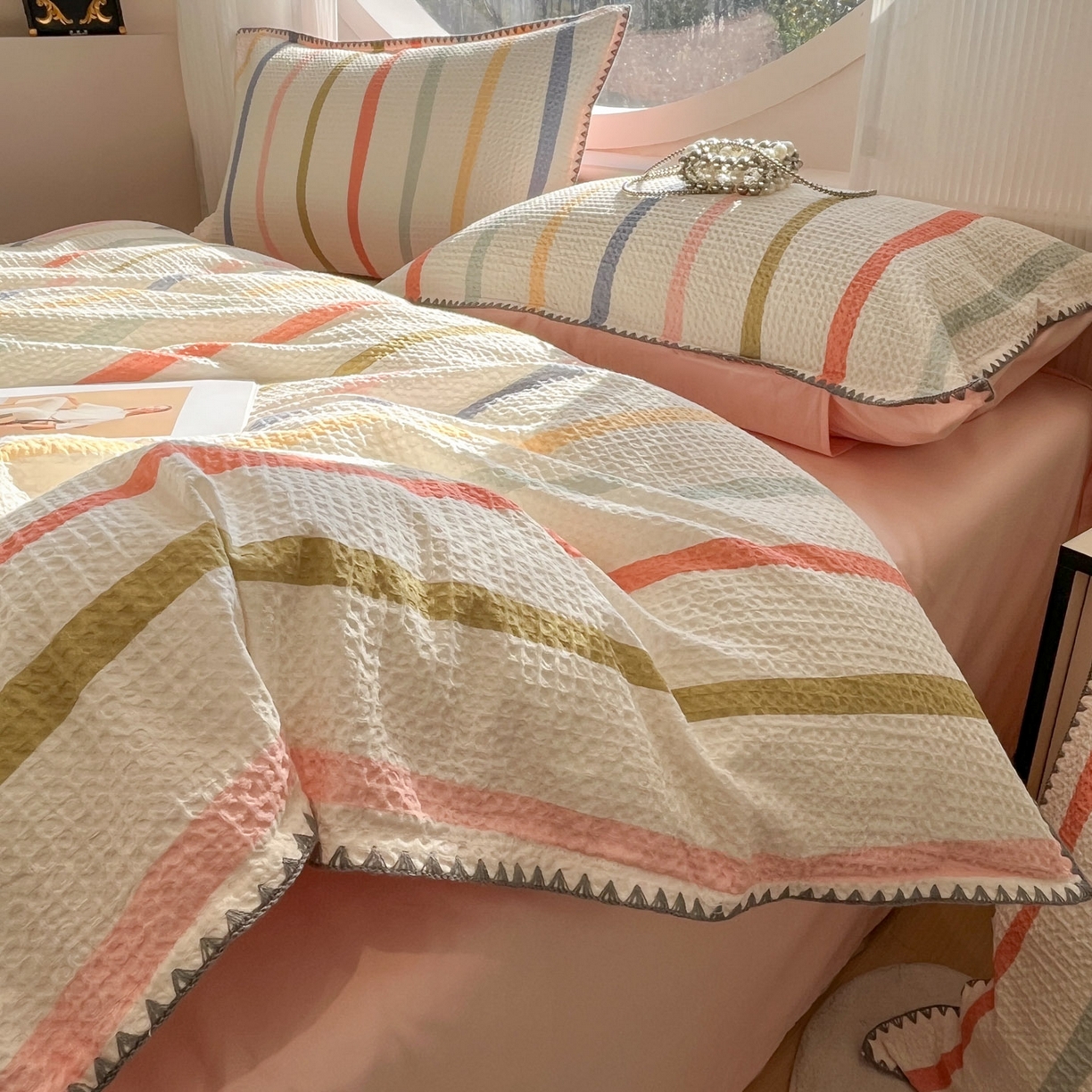 91家纺网 家纺一手货源 找家纺 莱茵家居 2026新款A类全棉华夫格印花贝壳边套件-华夫系列 华夫-枫糖粉