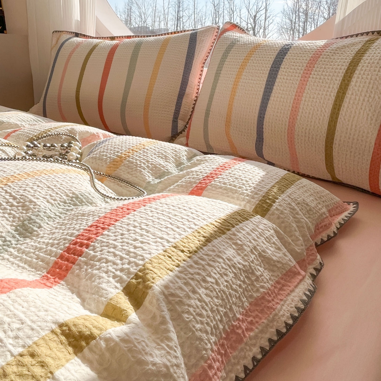 91家纺网 家纺一手货源 找家纺 莱茵家居 2026新款A类全棉华夫格印花贝壳边套件-华夫系列 华夫-枫糖粉