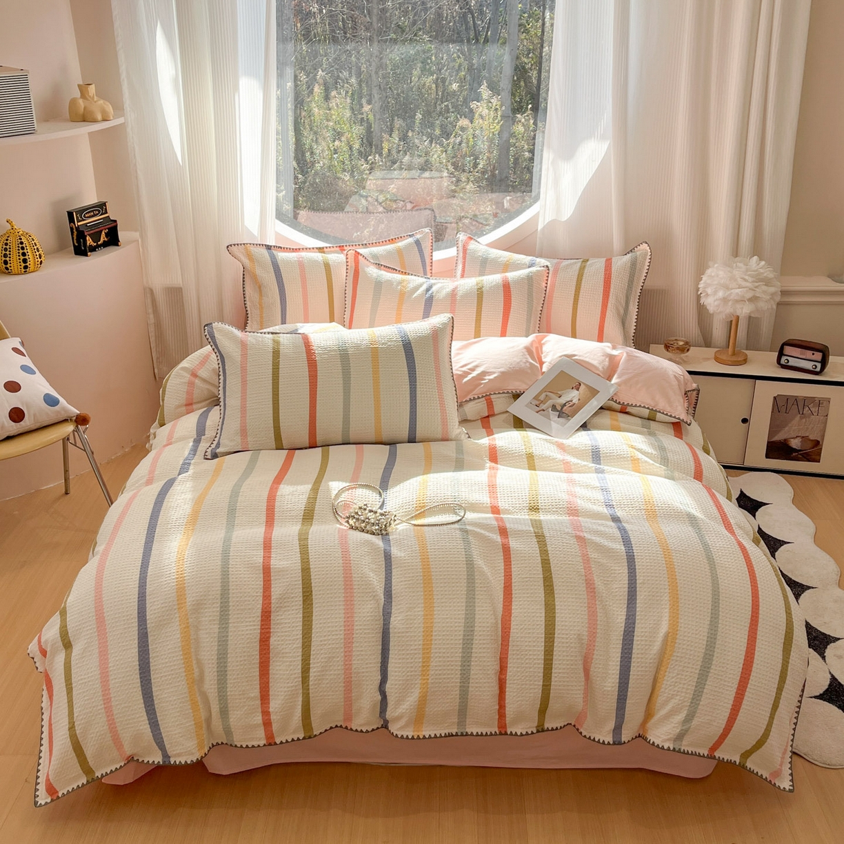 91家纺网 家纺一手货源 找家纺 莱茵家居 2026新款A类全棉华夫格印花贝壳边套件-华夫系列 华夫-枫糖粉