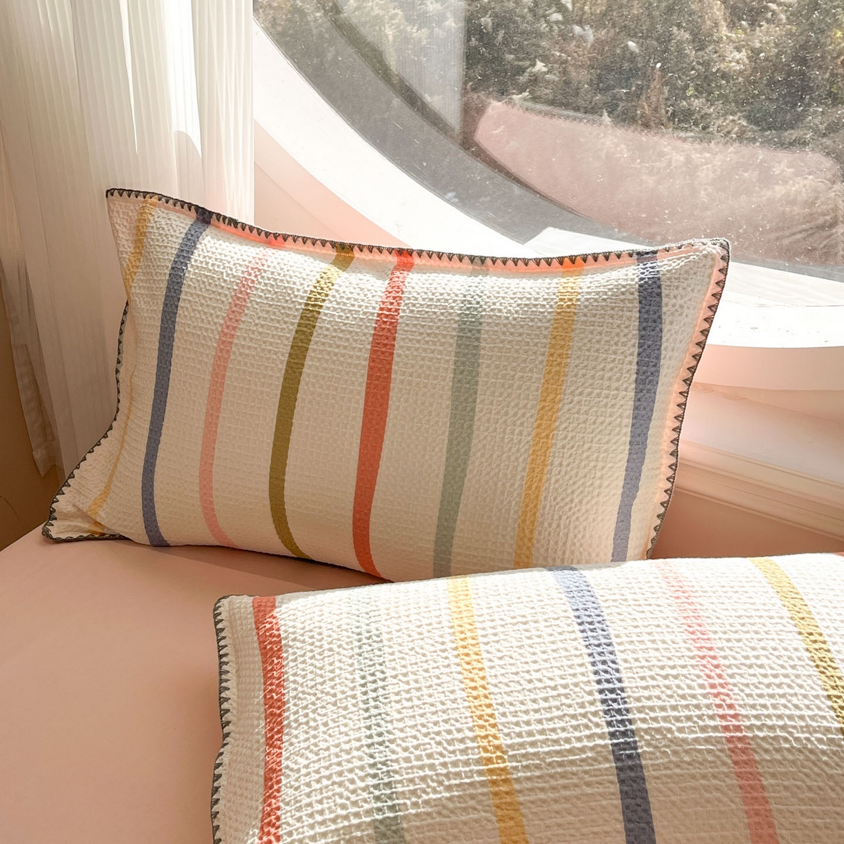 91家纺网 家纺一手货源 找家纺 莱茵家居 2026新款A类全棉华夫格印花贝壳边套件-华夫系列 华夫-枫糖粉