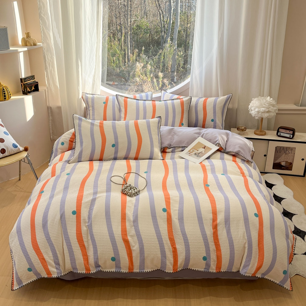 91家纺网 家纺一手货源 找家纺 莱茵家居 2026新款A类全棉华夫格印花贝壳边套件-华夫系列 华夫-枫糖紫