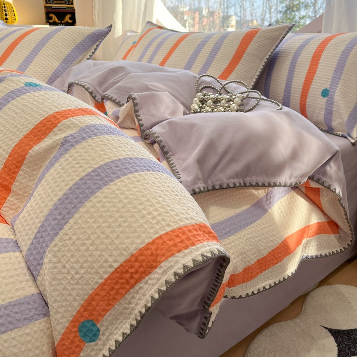 莱茵家居 2026新款A类全棉华夫格印花贝壳边套件-华夫系列 华夫-枫糖紫