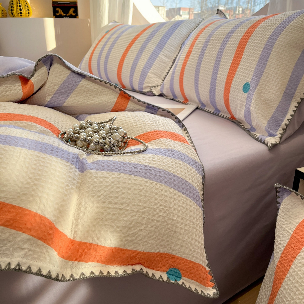 91家纺网 家纺一手货源 找家纺 莱茵家居 2026新款A类全棉华夫格印花贝壳边套件-华夫系列 华夫-枫糖紫