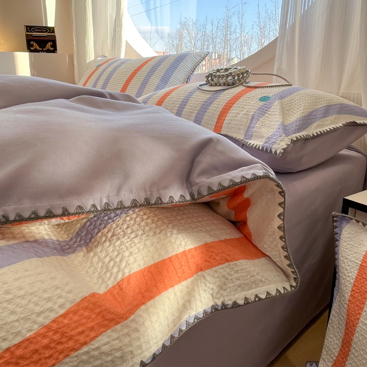 91家纺网 家纺一手货源 找家纺 莱茵家居 2026新款A类全棉华夫格印花贝壳边套件-华夫系列 华夫-枫糖紫