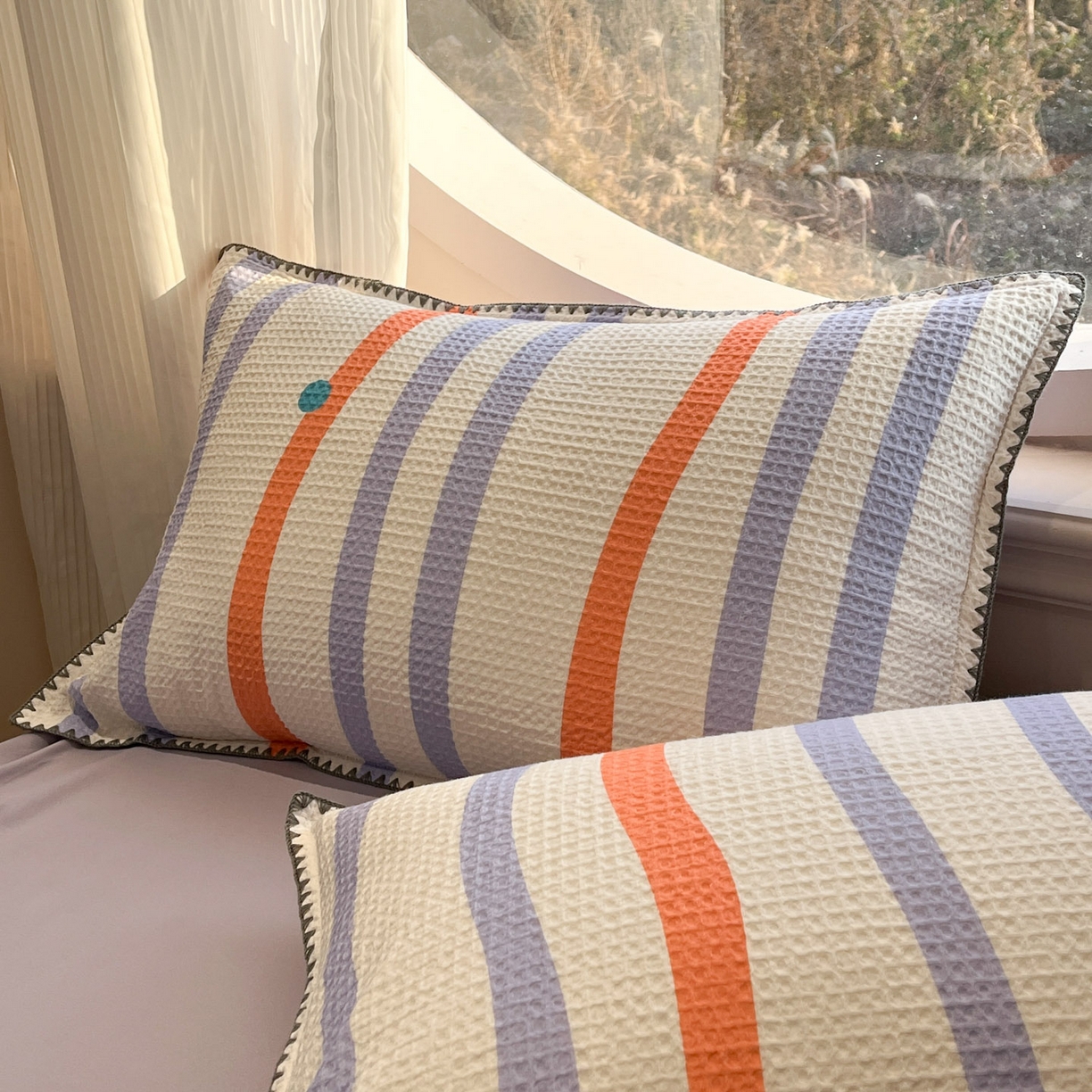 91家纺网 家纺一手货源 找家纺 莱茵家居 2026新款A类全棉华夫格印花贝壳边套件-华夫系列 华夫-枫糖紫