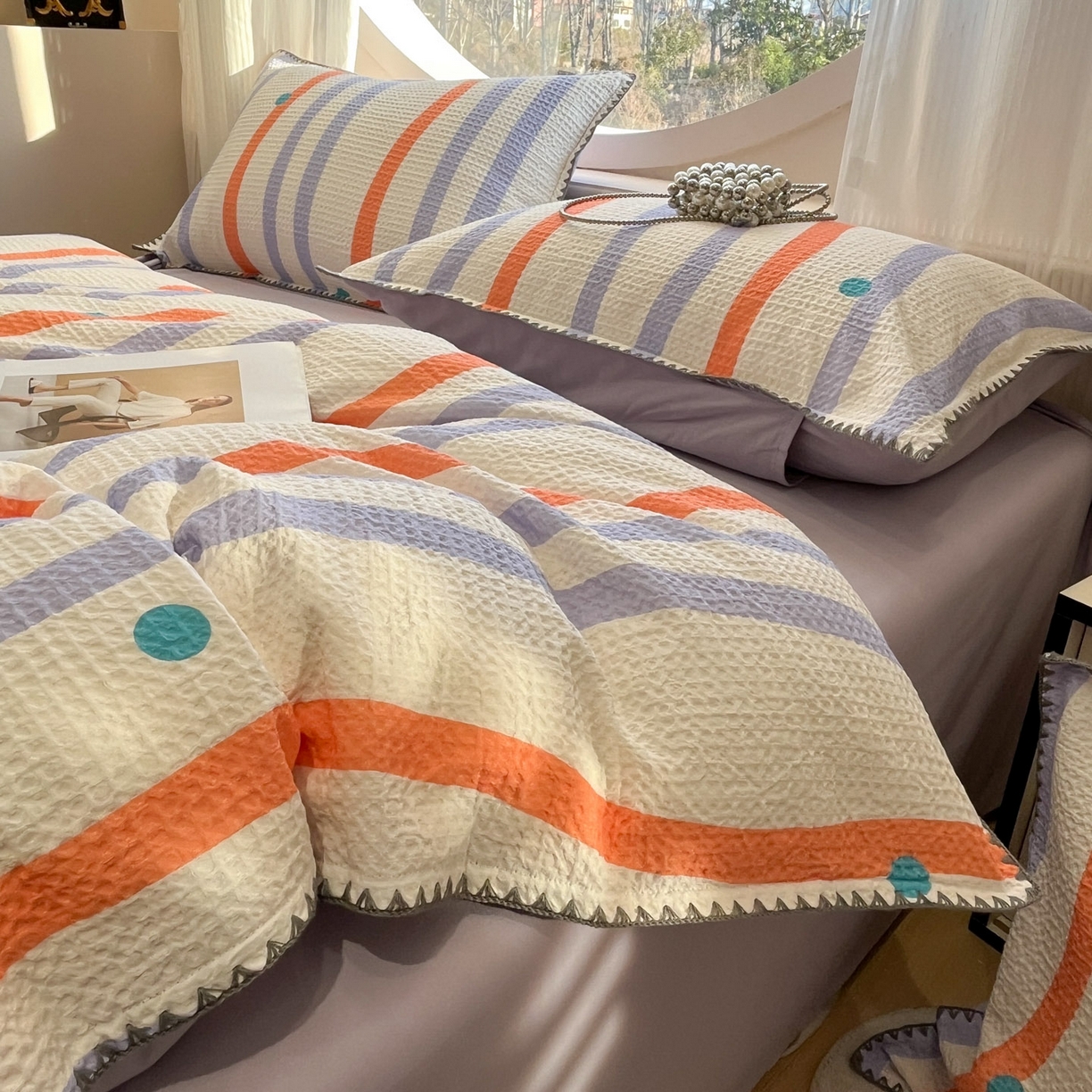 91家纺网 家纺一手货源 找家纺 莱茵家居 2026新款A类全棉华夫格印花贝壳边套件-华夫系列 华夫-枫糖紫