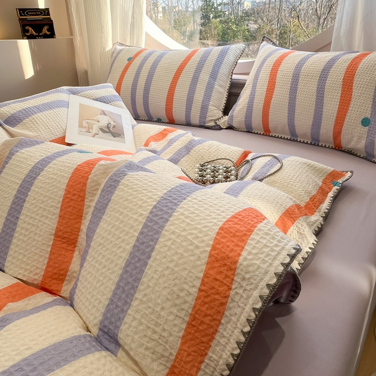 91家纺网 家纺一手货源 找家纺 莱茵家居 2026新款A类全棉华夫格印花贝壳边套件-华夫系列 华夫-枫糖紫