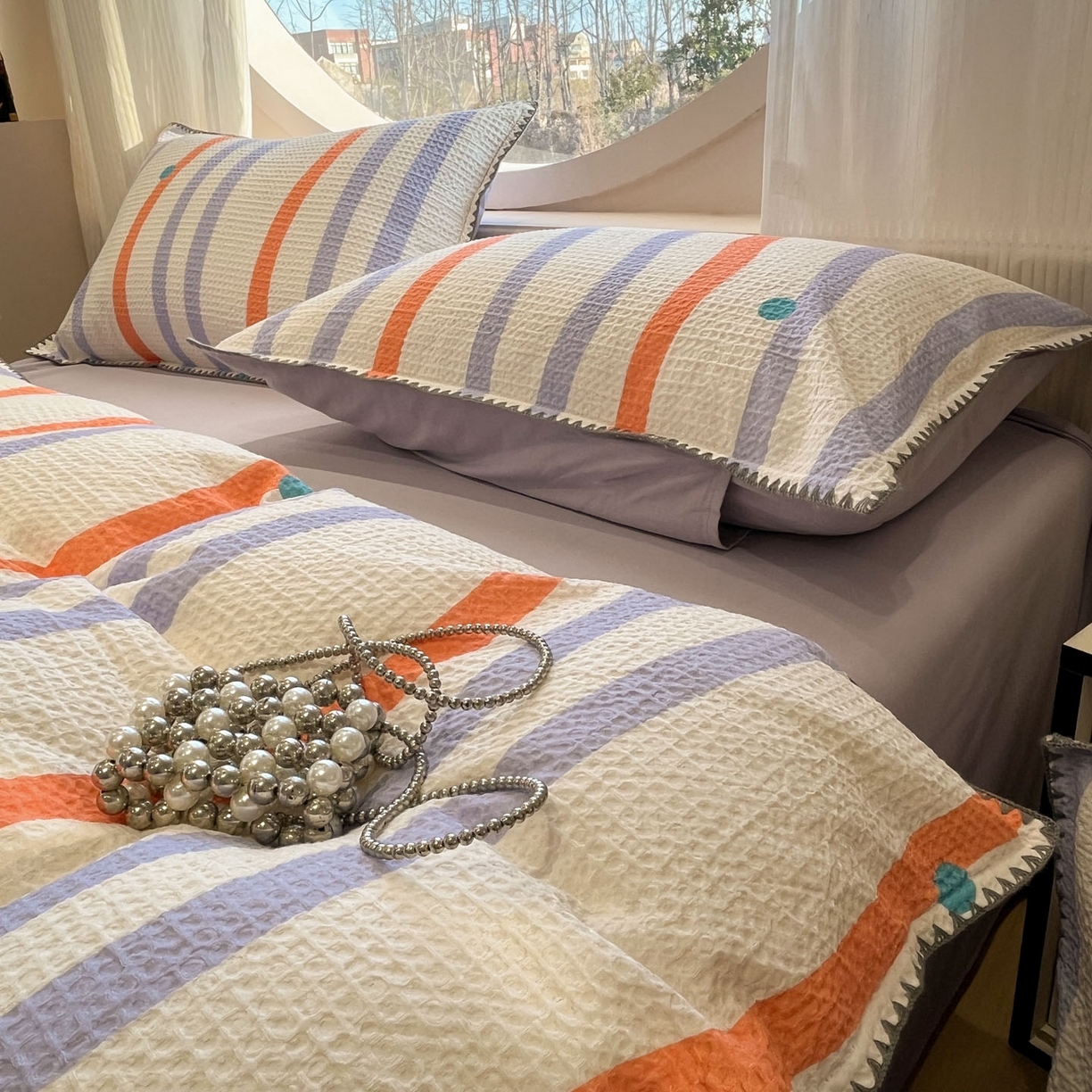 91家纺网 家纺一手货源 找家纺 莱茵家居 2026新款A类全棉华夫格印花贝壳边套件-华夫系列 华夫-枫糖紫