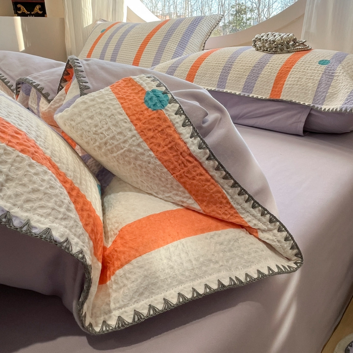 91家纺网 家纺一手货源 找家纺 莱茵家居 2026新款A类全棉华夫格印花贝壳边套件-华夫系列 华夫-枫糖紫