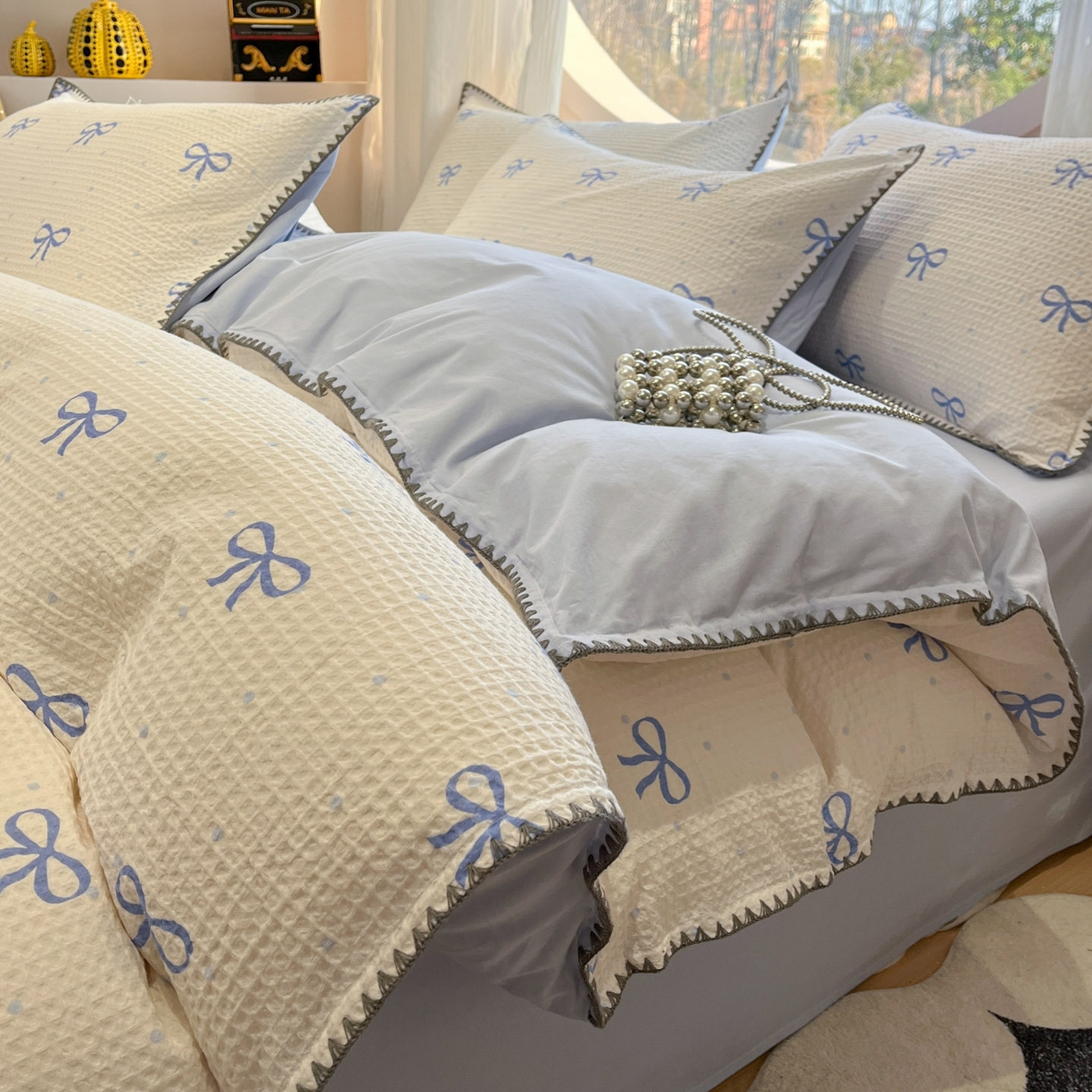 莱茵家居 2026新款A类全棉华夫格印花贝壳边套件-华夫系列 华夫-蓝铃