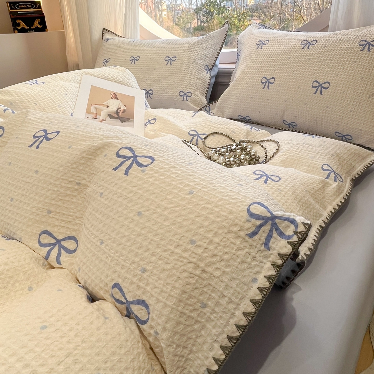 91家纺网 家纺一手货源 找家纺 莱茵家居 2026新款A类全棉华夫格印花贝壳边套件-华夫系列 华夫-蓝铃