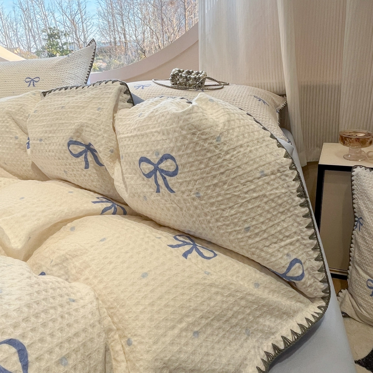 91家纺网 家纺一手货源 找家纺 莱茵家居 2026新款A类全棉华夫格印花贝壳边套件-华夫系列 华夫-蓝铃