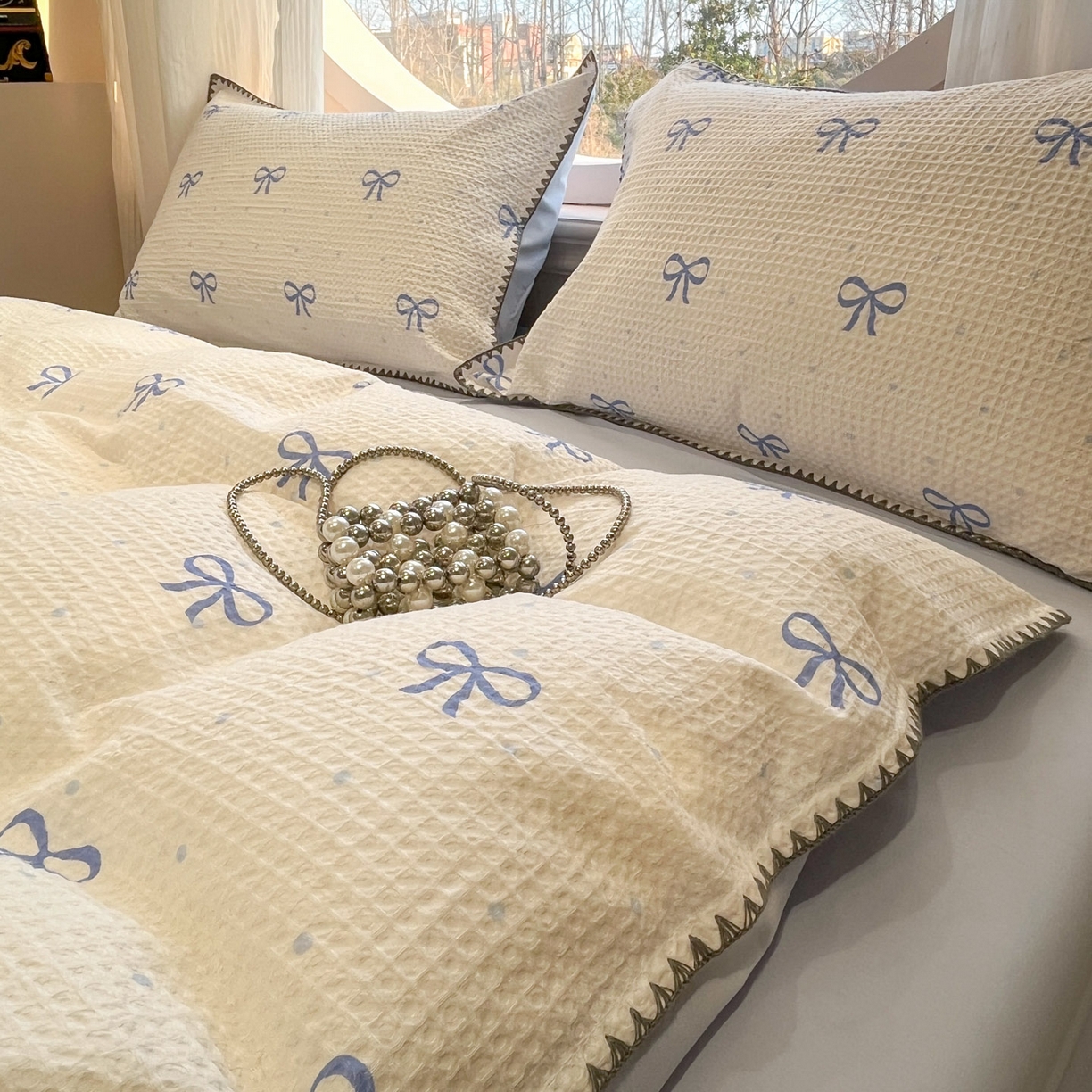 91家纺网 家纺一手货源 找家纺 莱茵家居 2026新款A类全棉华夫格印花贝壳边套件-华夫系列 华夫-蓝铃