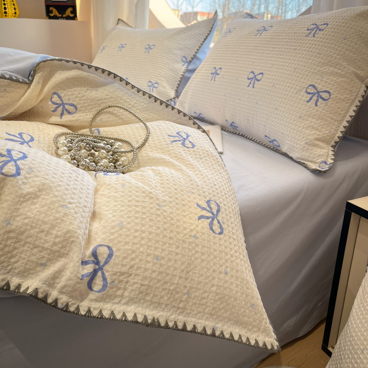 91家纺网 家纺一手货源 找家纺 莱茵家居 2026新款A类全棉华夫格印花贝壳边套件-华夫系列 华夫-蓝铃