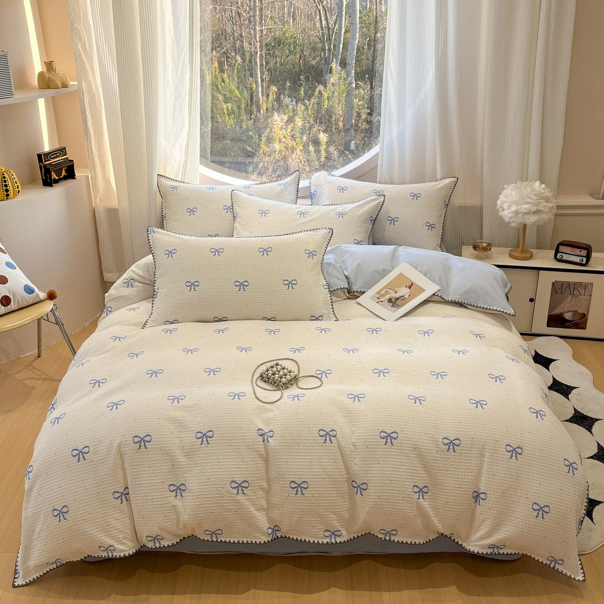 91家纺网 家纺一手货源 找家纺 莱茵家居 2026新款A类全棉华夫格印花贝壳边套件-华夫系列 华夫-蓝铃