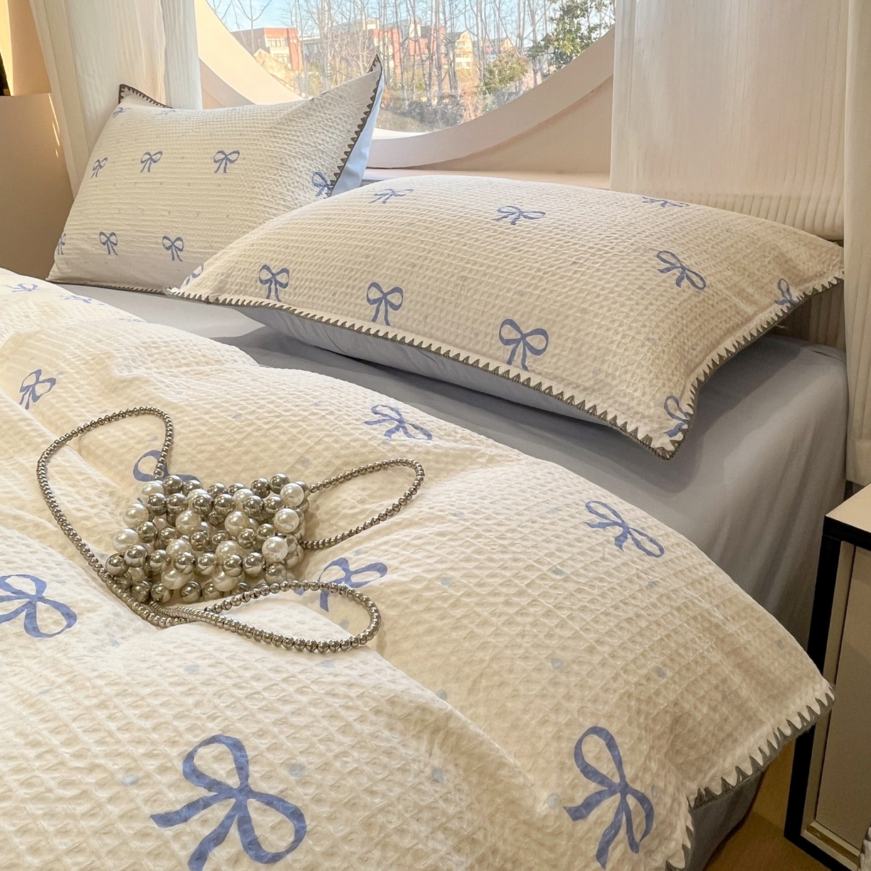 91家纺网 家纺一手货源 找家纺 莱茵家居 2026新款A类全棉华夫格印花贝壳边套件-华夫系列 华夫-蓝铃