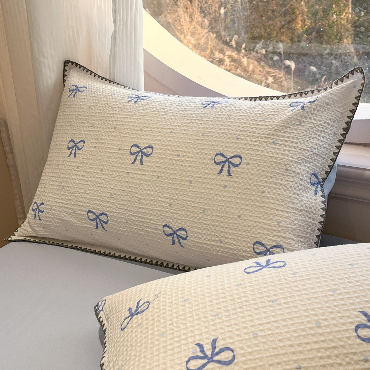 91家纺网 家纺一手货源 找家纺 莱茵家居 2026新款A类全棉华夫格印花贝壳边套件-华夫系列 华夫-蓝铃