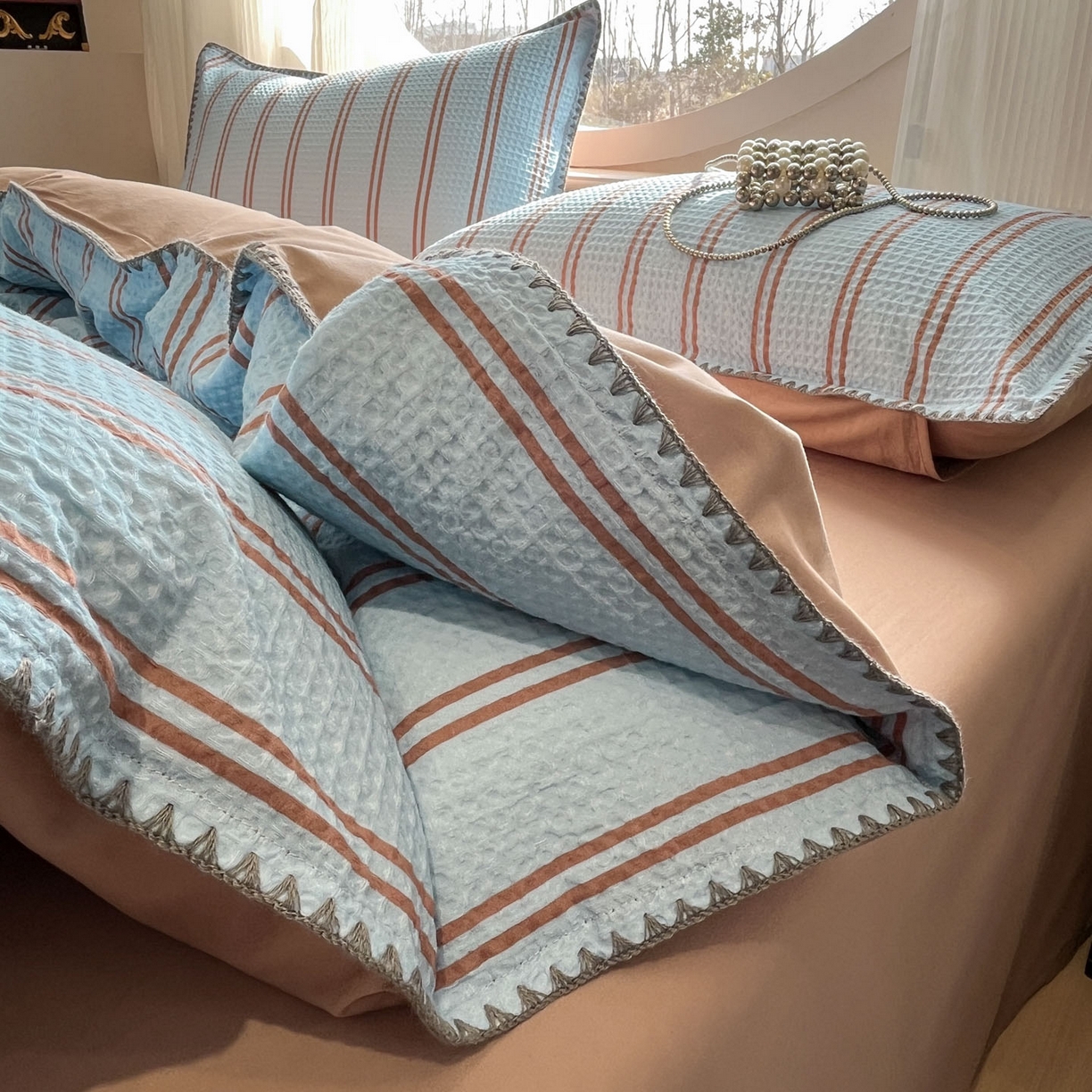 91家纺网 家纺一手货源 找家纺 莱茵家居 2026新款A类全棉华夫格印花贝壳边套件-华夫系列 华夫-蓝莓