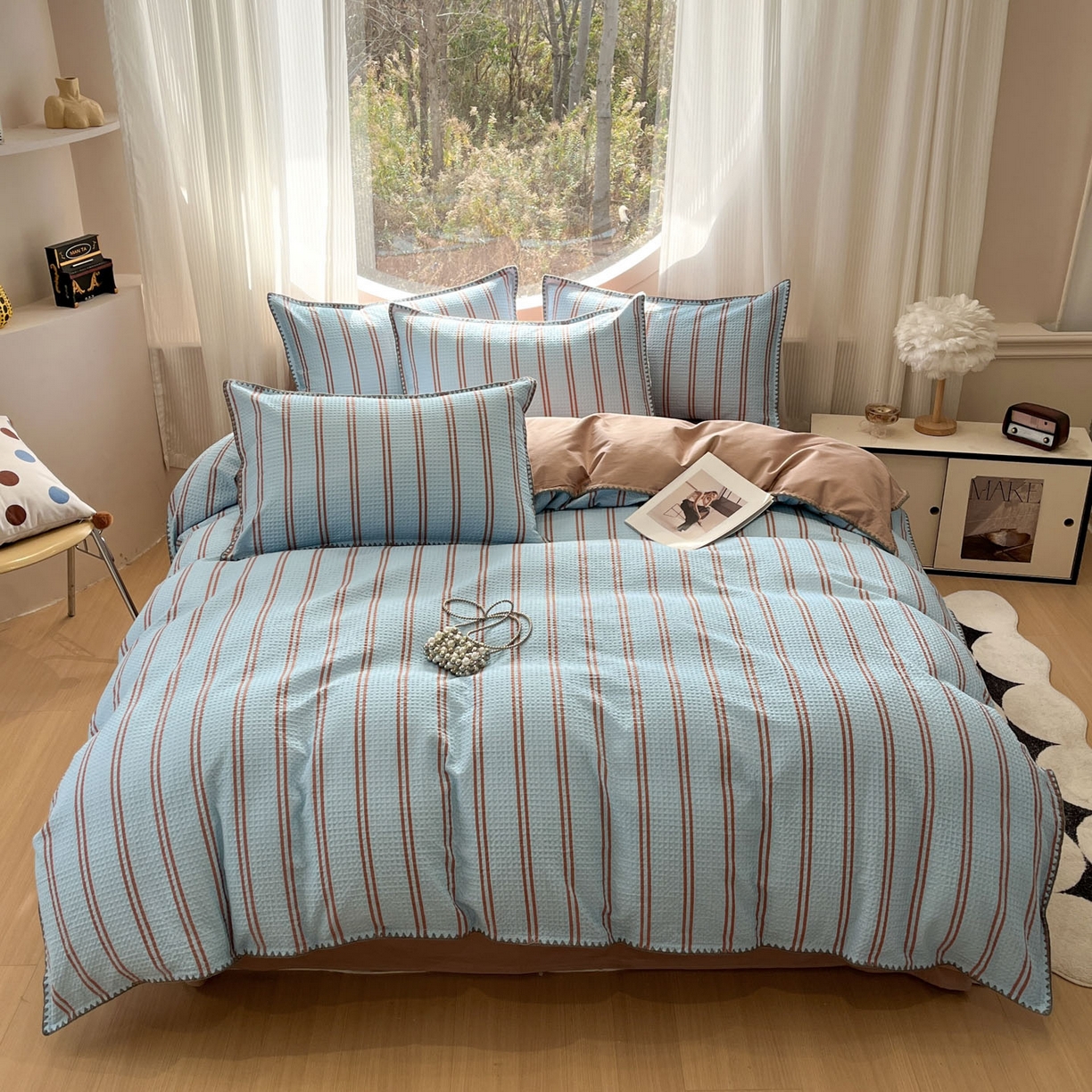 91家纺网 家纺一手货源 找家纺 莱茵家居 2026新款A类全棉华夫格印花贝壳边套件-华夫系列 华夫-蓝莓