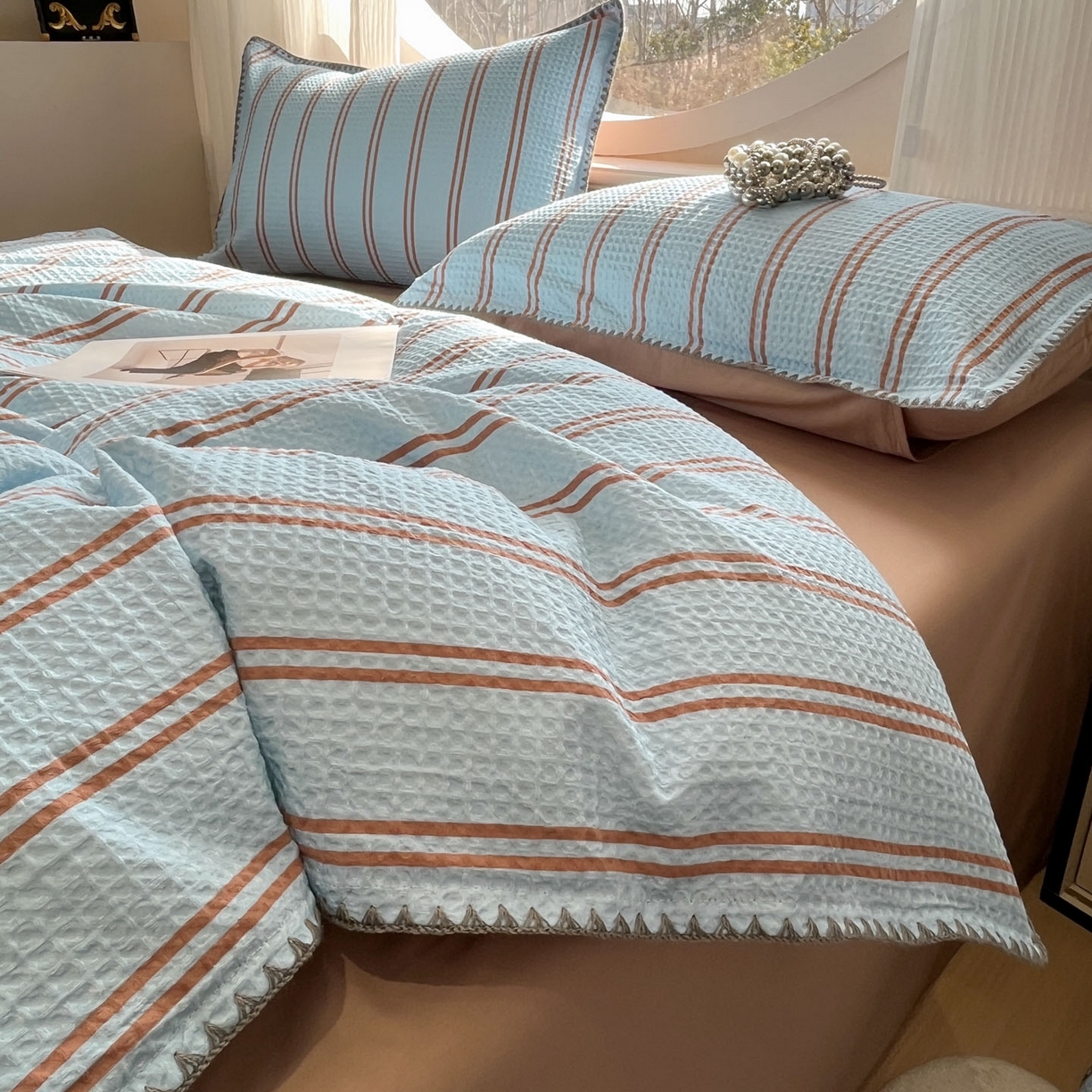 91家纺网 家纺一手货源 找家纺 莱茵家居 2026新款A类全棉华夫格印花贝壳边套件-华夫系列 华夫-蓝莓