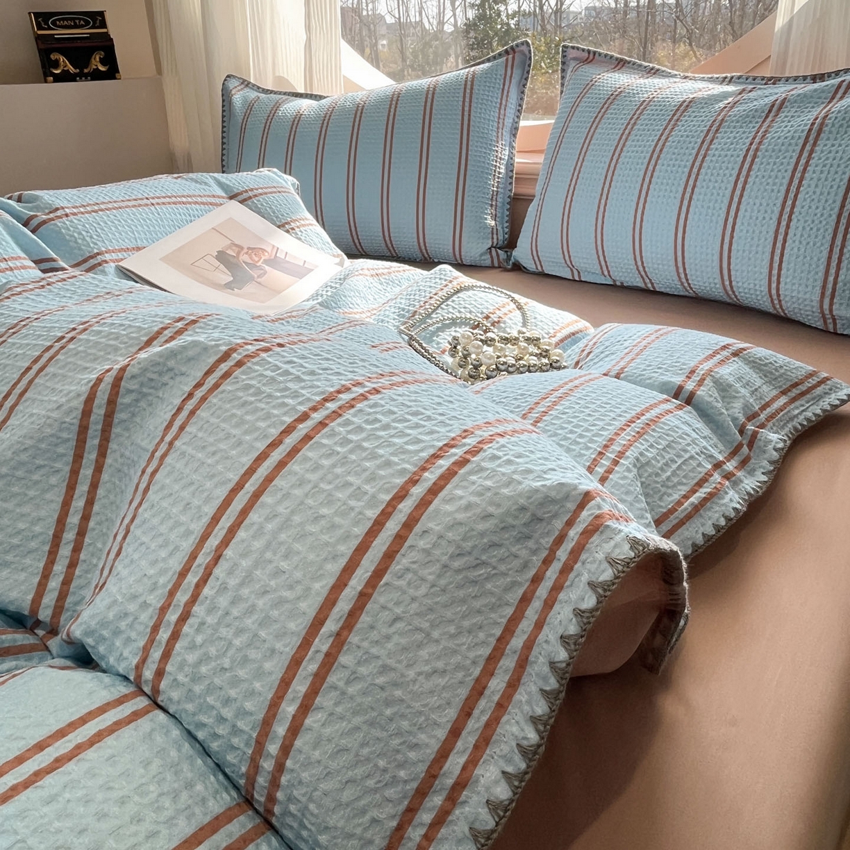 91家纺网 家纺一手货源 找家纺 莱茵家居 2026新款A类全棉华夫格印花贝壳边套件-华夫系列 华夫-蓝莓