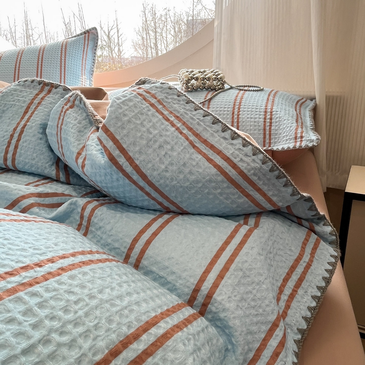 91家纺网 家纺一手货源 找家纺 莱茵家居 2026新款A类全棉华夫格印花贝壳边套件-华夫系列 华夫-蓝莓