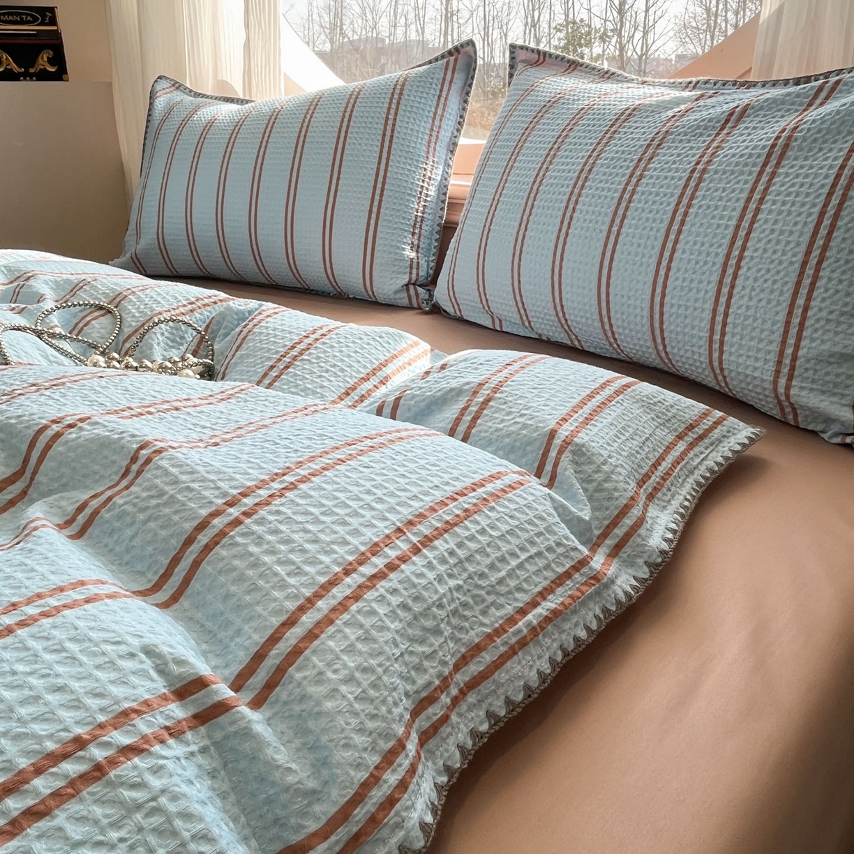 91家纺网 家纺一手货源 找家纺 莱茵家居 2026新款A类全棉华夫格印花贝壳边套件-华夫系列 华夫-蓝莓